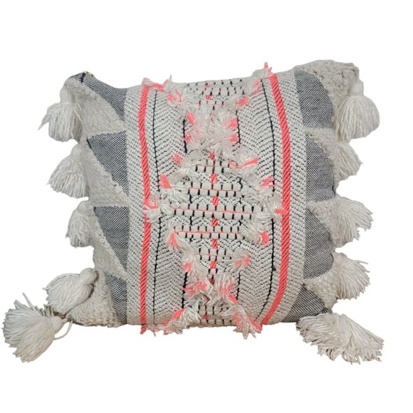 Anthropologie Edna Woven Texture Accent Pillow Tassel Neon Coral 18”x18” Rare